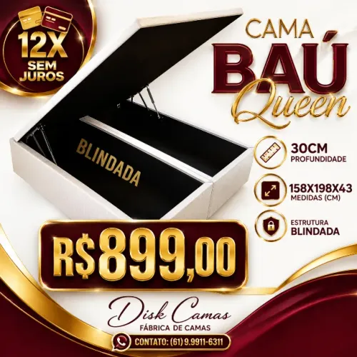 Cama Baú Queen 158x198x43 Blindada Direto da Fábrica R$899,00