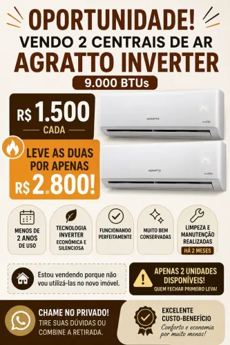 VENDO 2 CENTRAIS DE AR AGRATTO INVERTER 9.000 BTUs