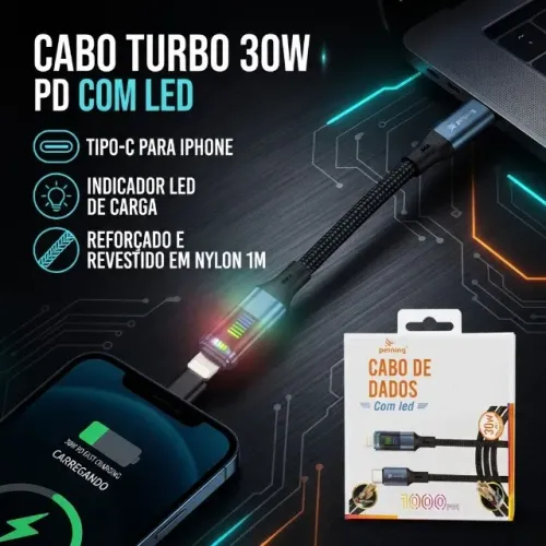 CABO TURBO 30W PD PEINING COM LED PARA IPHONE (PEI-J117-4)