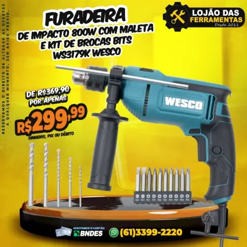 Furadeira De Impacto 800w Com Maleta e Kit de Brocas Bits Ws3179K Wesco