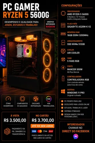 ? PC Gamer Ryzen 5 5600G | 16GB 3200MHz | SSD NVMe 512GB | RGB | Windows 11 Pro