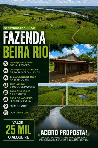 Fazenda Beira Rio 39 Alqueires c/ Pasto, Lagoas, GEO e CAR - Pacajá/PA