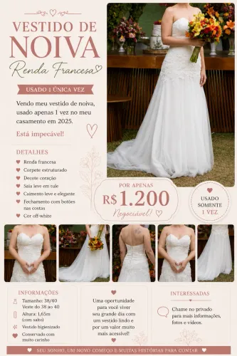 Vestido de noiva renda francesa usado 1 x