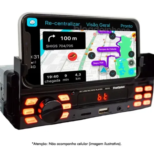 Mp3 player automotivo com suporte para celular 