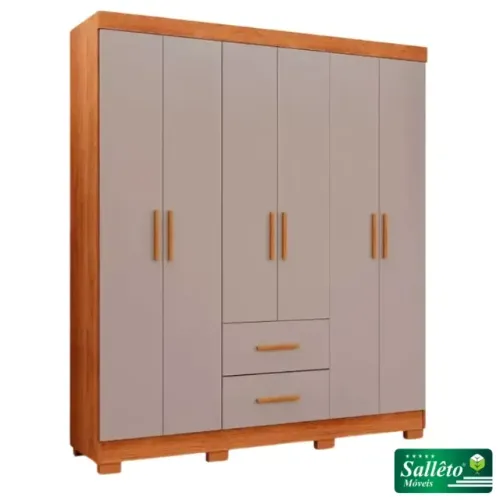 Guarda Roupa Estrela Cinamomo/Off 6 Portas 2 Gavetas C/ Pés Sallêto - Entrega Rápida!
