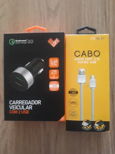 Carregador de celular veicular com 2 USB e cabo de 2 metros LOFT original.