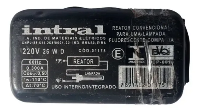 Reator Convencional Lâmpada Fluorescente 220v 26w Intral