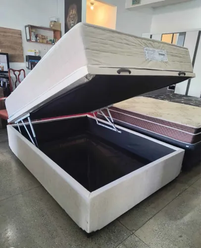 Cama baú bege ou preta com colchão em molas ensacadas