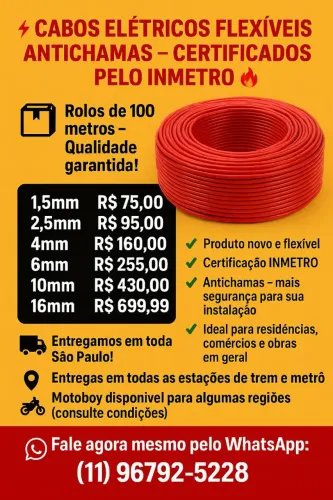 Cabos elétricos flexível antichamas certificado pelo Inmetro 
