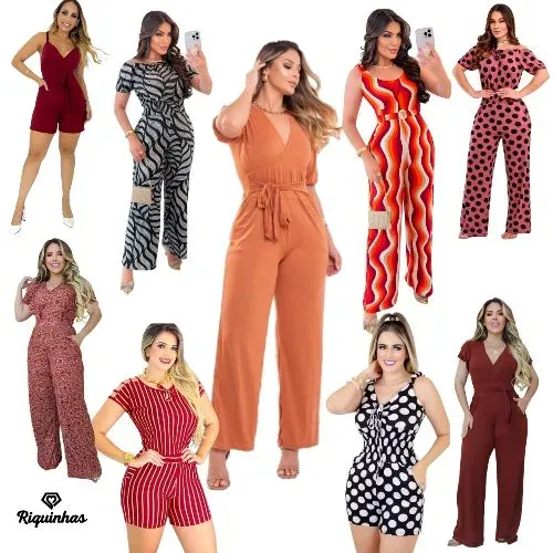Kit 5 Macacões Macaquinhos Femininos Moda Evangélica Atacado Barato Estampas Liso Poá 