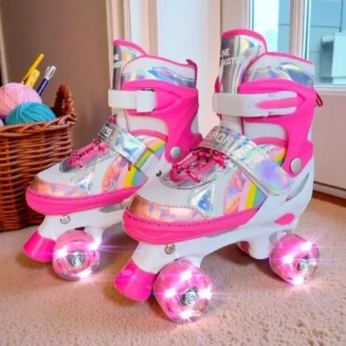 Patins Infantil  4 Rodas  Rosa e Branco  Menina Freio Luz LED-33-36