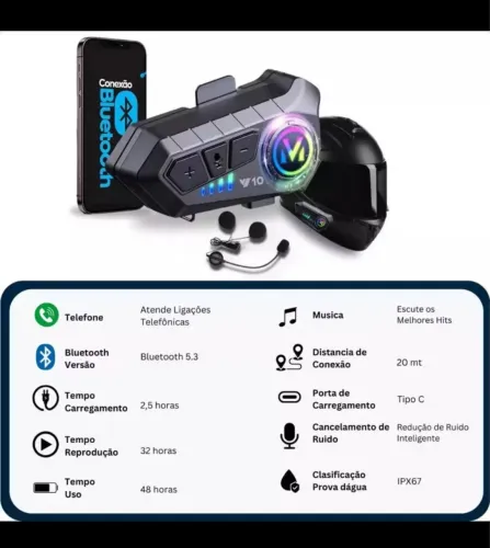 Fone De Ouvido Para Capacete Sem Fio Bluetooth Rgb