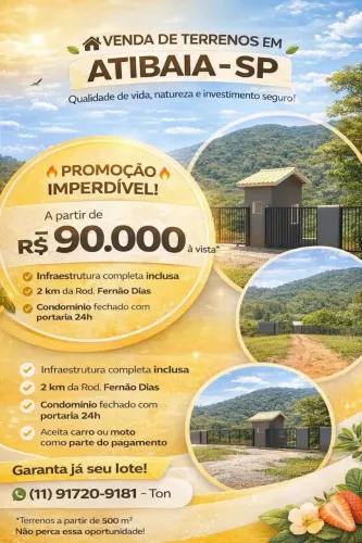 LINDOS TERRENOS EM ATIBAIA, TERRENOS A PARTIR DE 500 MT, DENTRO DE CONDOMINIO FECHADO.