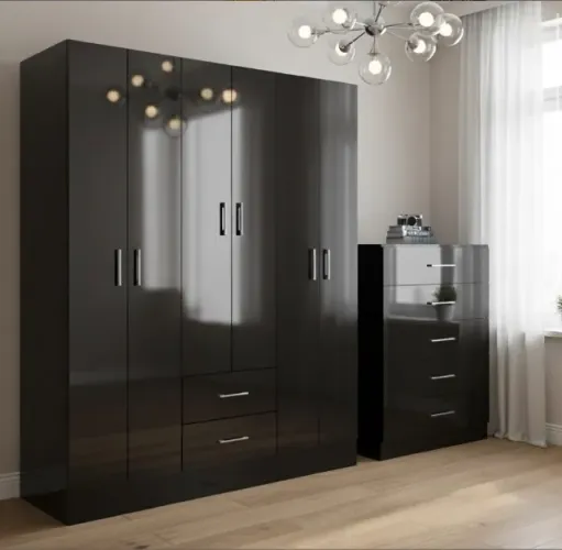 Conjunto Quarto Casal Essencial Guarda-Roupa 6 Portas e Cômoda 5 Gavetas Preto