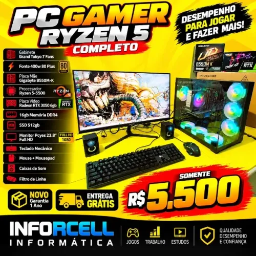 PC Gamer Ryzen 5 5500 Placa de Vídeo RTX 3050 6gb Ssd 512 16gb Memoria Tela 24
