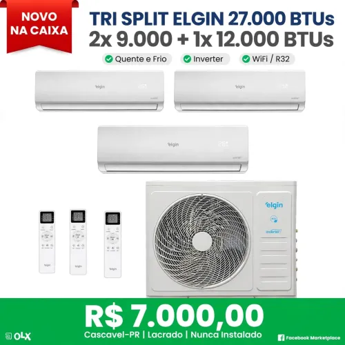 Tri Split Elgin 27.000 BTUs Inverter 2x 9000 + 1x 12000 Quente e Frio WiFi - Novo na Caixa