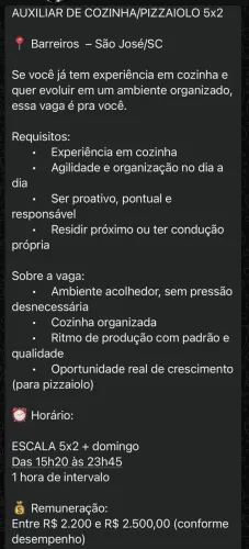 Vaga para auxiliar de pizzaiolo