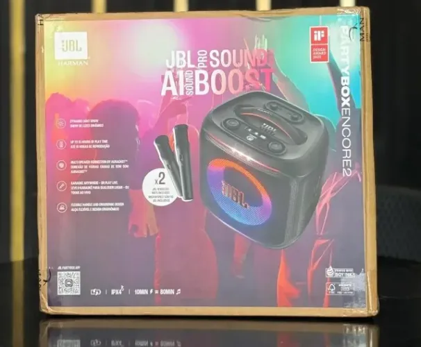 JBL PARTYBOX ENCORE 2 COM 2 MICROFONES, MODELO 2025, LACRADO COM NOTA FISCAL E GARANTIA