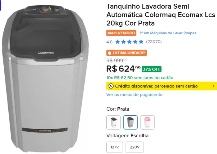 Tanquinho Lavadora Semi Automática Colormaq Ecomax Lcs 20kg Cor Prata
