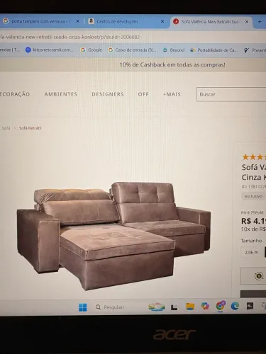 Sofá retrátil Suede Cinza 4 lugares - AbraCasa