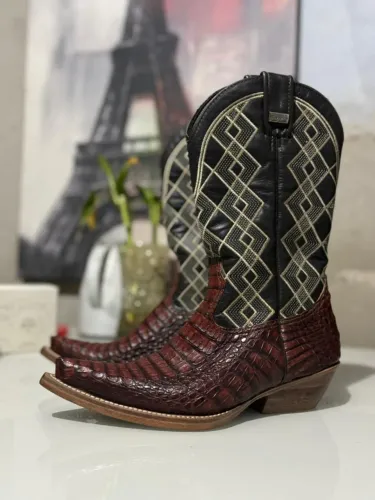 Bota Texana Premium Jacaré Vinho Reizinho Botas - Solado em Couro N° 36/37