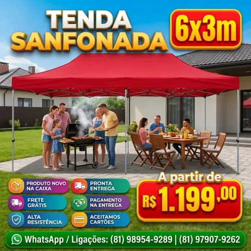 Tenda 3x6m sanfonada extra forte azul ou vermelha