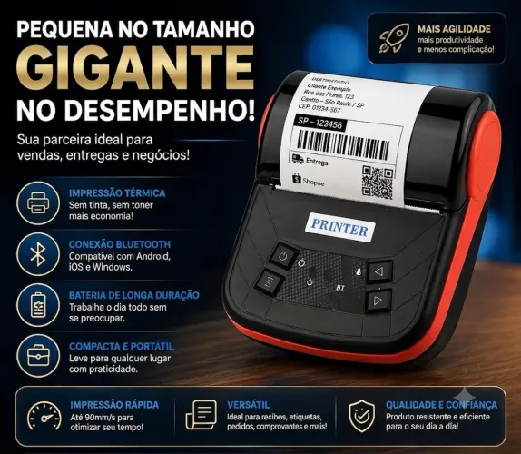 Kit Completo Impressora Térmica Portátil Bluetooth + 10 Bobinas 80x40 mm