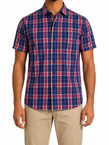 Camisa Masculina Bransk Xadrez Azul e Vermelha Manga Curta Tam G Original São João