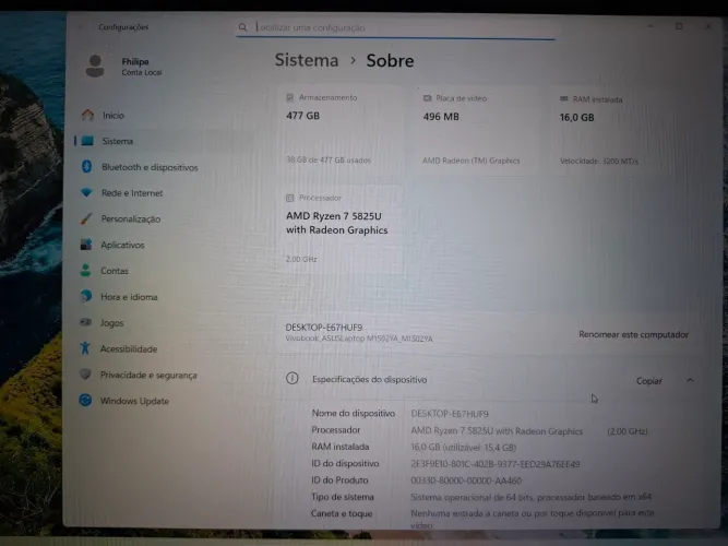 Notebook Novo Asus Ryzen 7 5825u 16gb RAM com Vega 8.