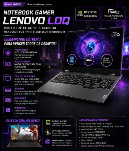 Notebook Gamer Lenovo LOQ 15IRX9 Intel Core i5-13450HX RTX 3050 8GB 512GB SSD windows 11