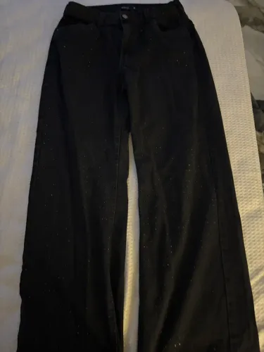 Calca jeans preta wide leg com brilho