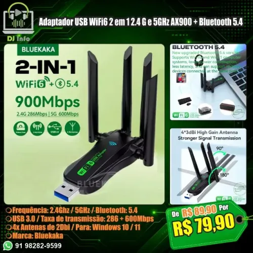Adaptador USB WiFi6 2 em 1 2.4 G e 5GHz AX900 + Bluetooth 5.4