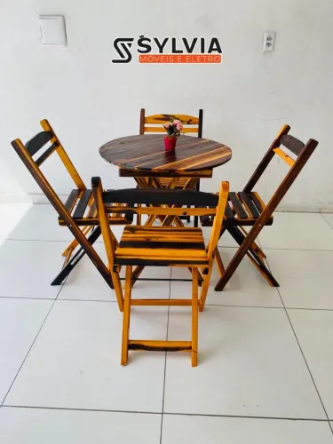 Conjunto dobrável redondo envernizado 