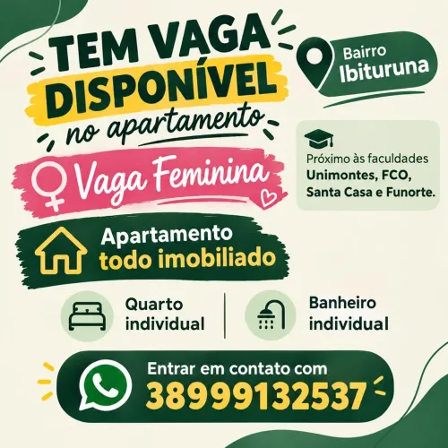Vaga feminina disponível - Ao lado da FIPMOC