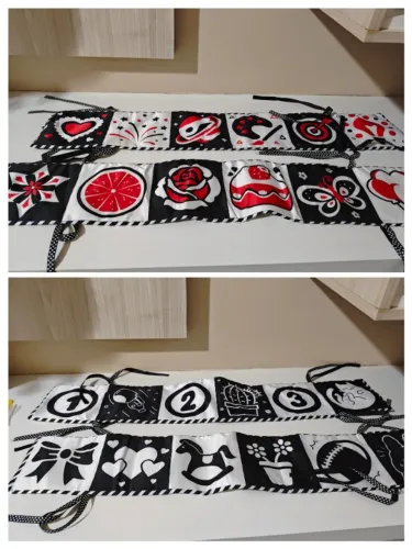 Livro sensorial de berço em alto contraste - preto, branco e vermelho