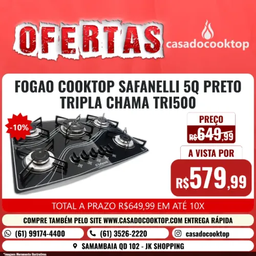 FOGAO COOKTOP SAFANELLI 5Q PRETO TRIPLA CHAMA TRI500