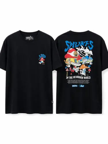 camiseta preta Lost, collab com Os Smurfs "In The Mushroom World?