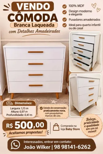 VENDO CÔMODA BRANCA COM DETALHES AMADEIRADOS