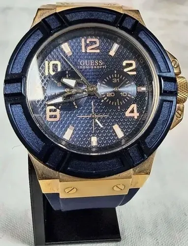 Relógio Guess Rigor W0247G3 Azul e Ouro Rosé 45mm Silicone