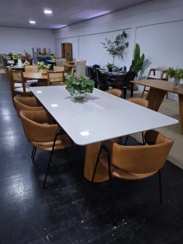 Conjunto Mesa Lirio 6 cadeiras tampo vidro ou madeira 