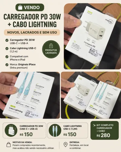 Carregador 30W + Cabo Lightning para iPhone | Novos Lacrados