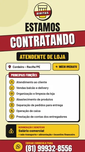 Vaga para atendente sexo masculino. 