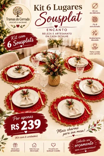 Sousplat de Natal em Crochê Luxo, 6 unidades, 40cm