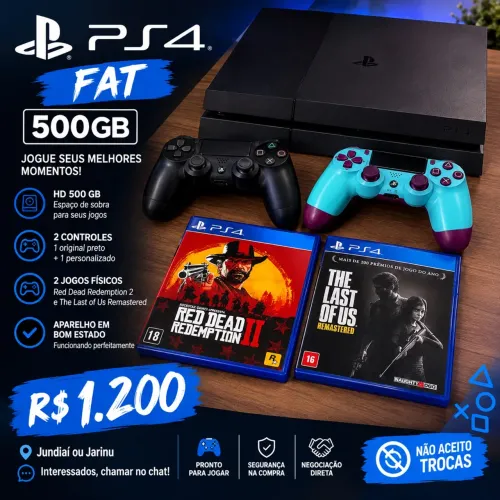 PS4 FAT 500GB + 2 CONTROLES + 2 JOGOS