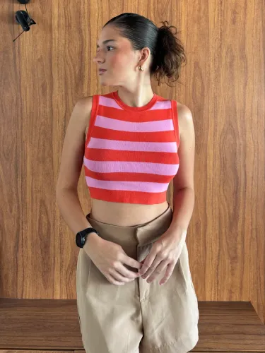 Cropped listrado rosa e vermelho Zara, tamanho P