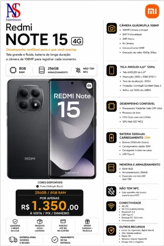 Celular Xiaomi Redmi Note 15 256GB 8GB RAM Novo Lacrado Entregamos Preto Azul Verde Roxo