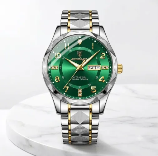 Relógio Masculino Inox Poedagar Premium Mostrador Verde Esmeralda Pulseira Inox Lindo