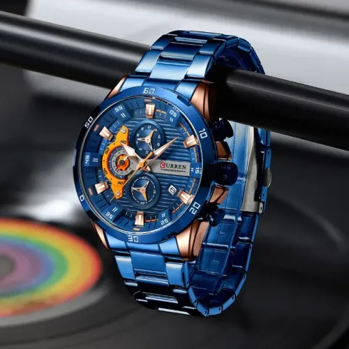 Curren 8402 Azul Inox com Detalhes Laranja - Elegância que Chama Atenção!