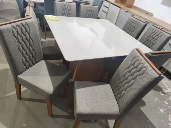 Mesa Nevada plus com 8 cadeiras 100% MDF tampão com vidro 1.30×1.30