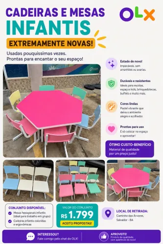 Conjunto Mesa Infantil Hexagonal + 10 Cadeiras | Estado de Nova | Pouquíssimo Uso